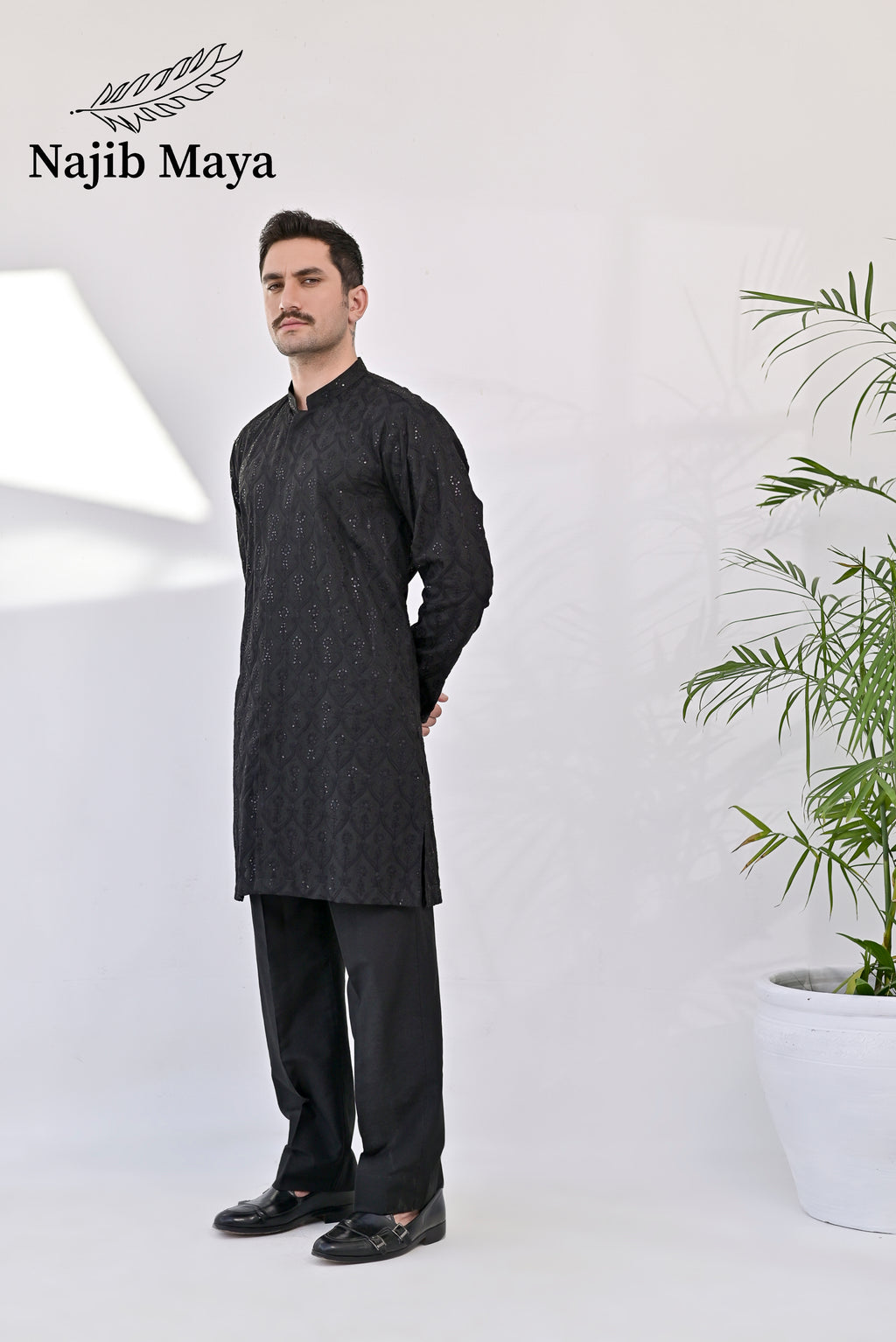 Black Front Open Embroidered Kurta with Bell Bottom pajama For Men's