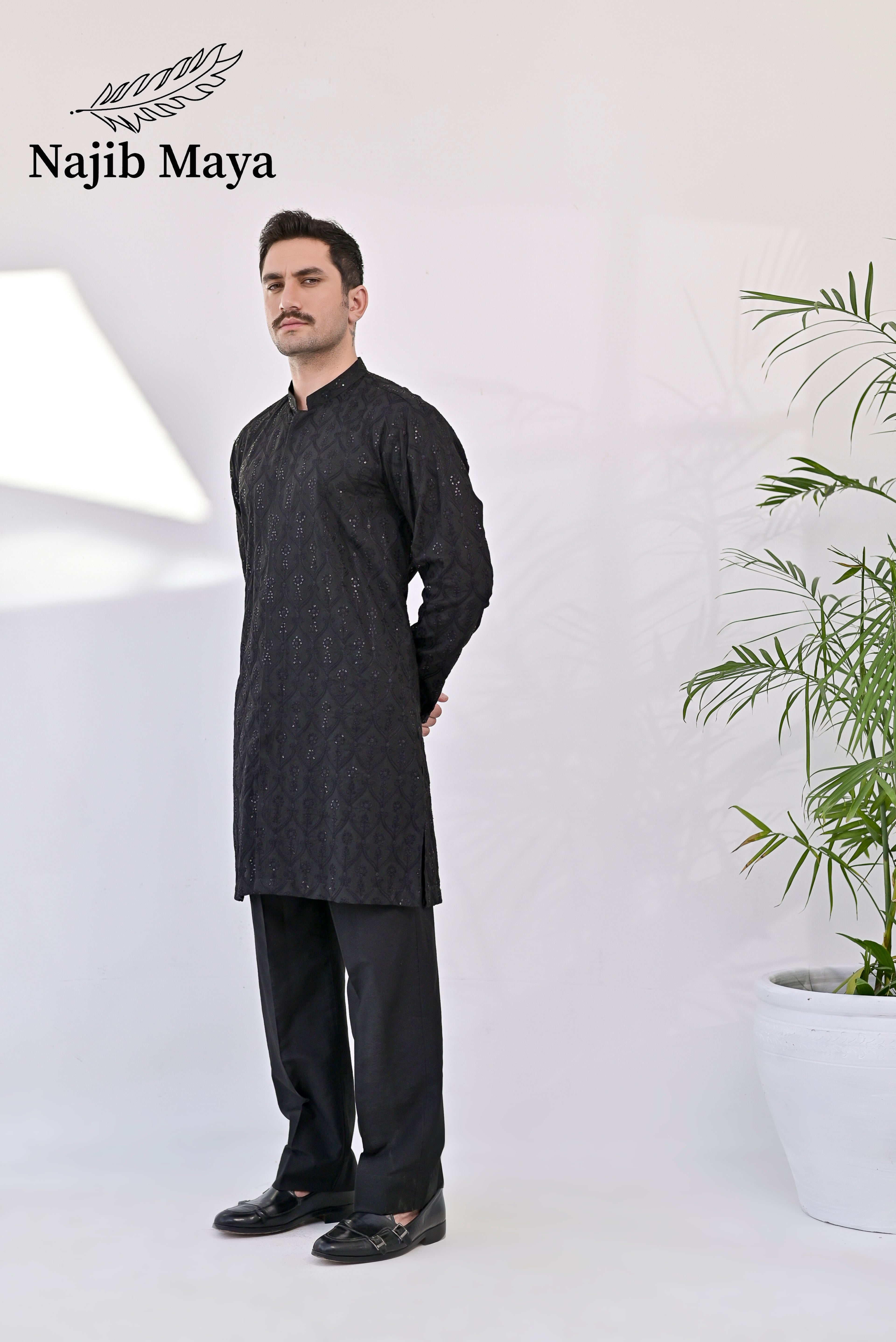 Black Front Open Embroidered Kurta with Bell Bottom pajama For Men's