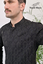 Black Front Open Embroidered Kurta with Bell Bottom pajama For Men's