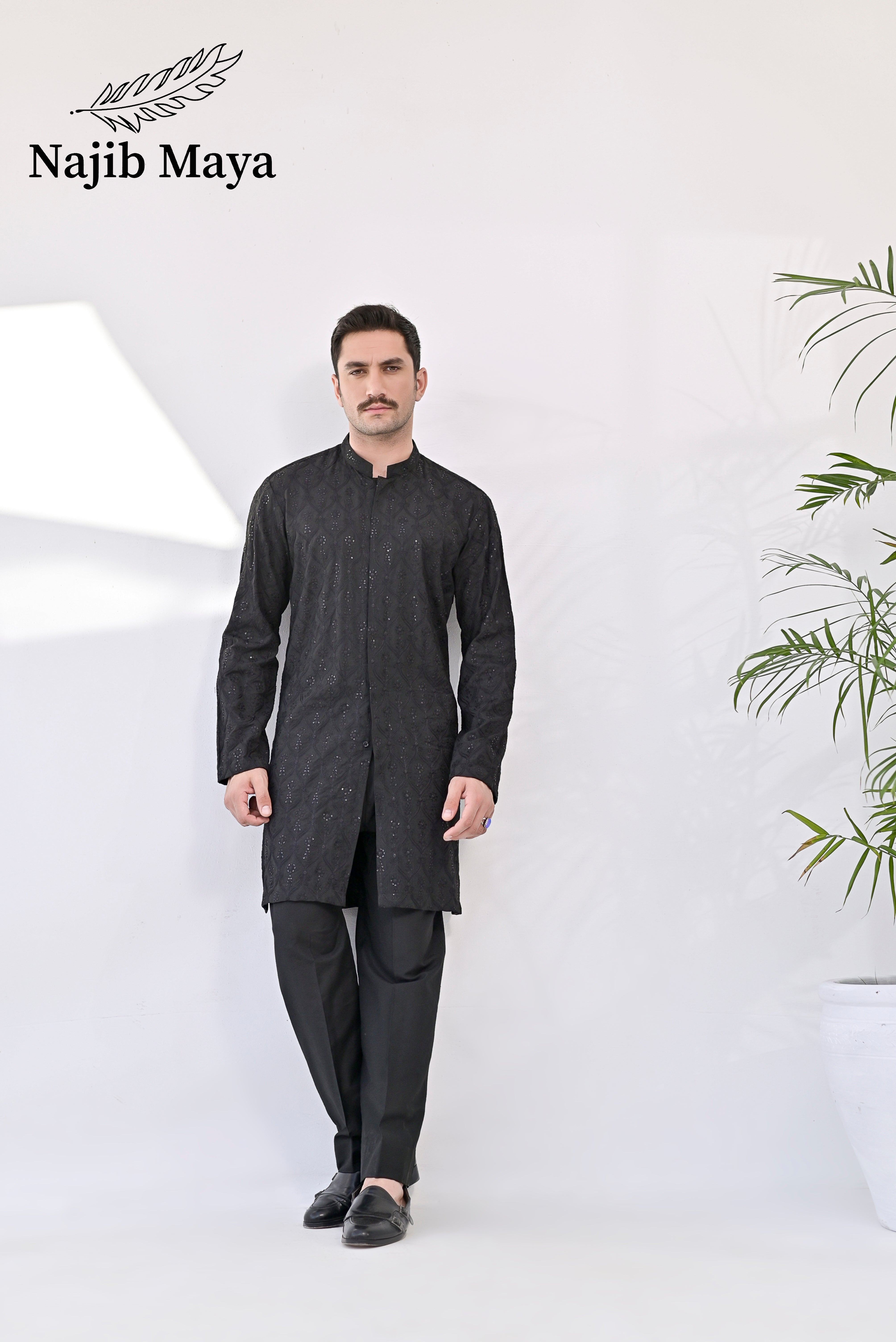 Black Front Open Embroidered Kurta with Bell Bottom pajama For Men's Main image