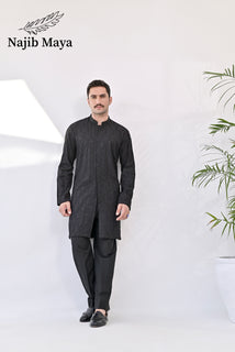 Black Front Open Embroidered Kurta with Bell Bottom pajama For Men's