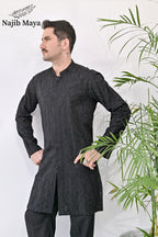 Black Front Open Embroidered Kurta with Bell Bottom pajama For Men's
