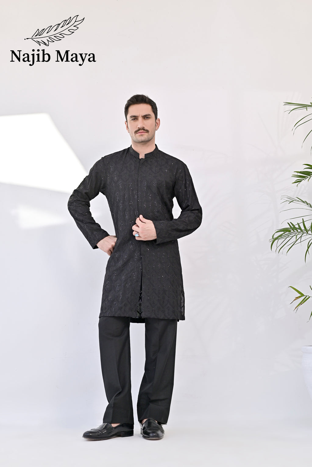 Black Front Open Embroidered Kurta with Bell Bottom pajama For Men's