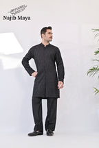 Black Front Open Embroidered Kurta with Bell Bottom pajama For Men's