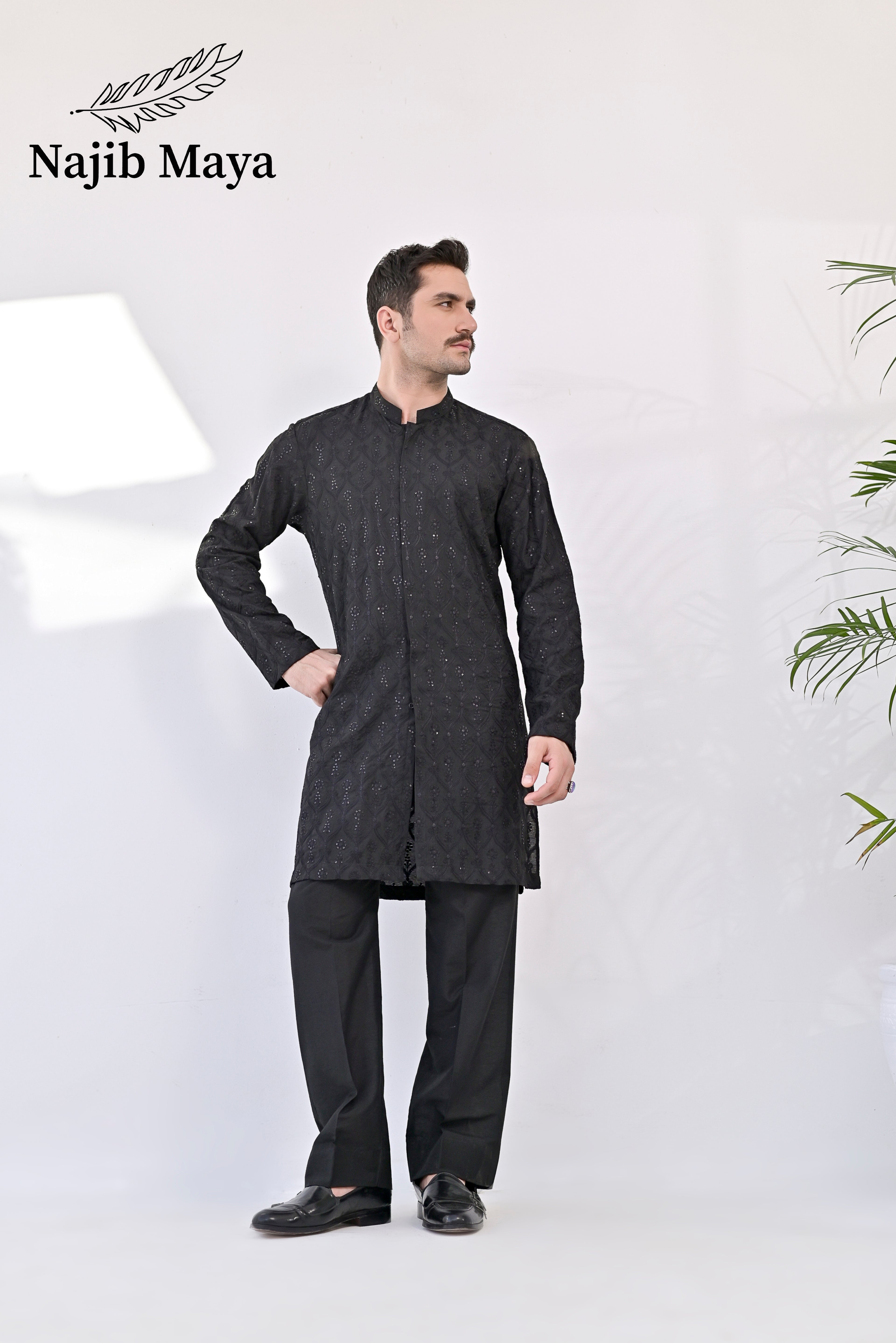 Black Front Open Embroidered Kurta with Bell Bottom pajama For Men's