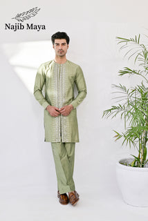Pista Green Embroidered Kurta with Bell Bottom pajama For Men's