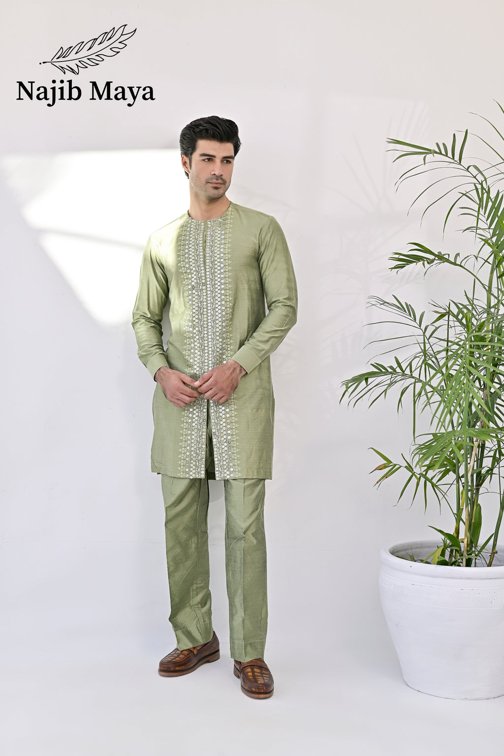 Pista Green Embroidered Kurta with Bell Bottom pajama For Men's