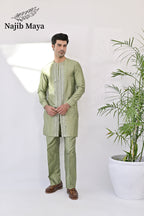 Pista Green Embroidered Kurta with Bell Bottom pajama For Men's