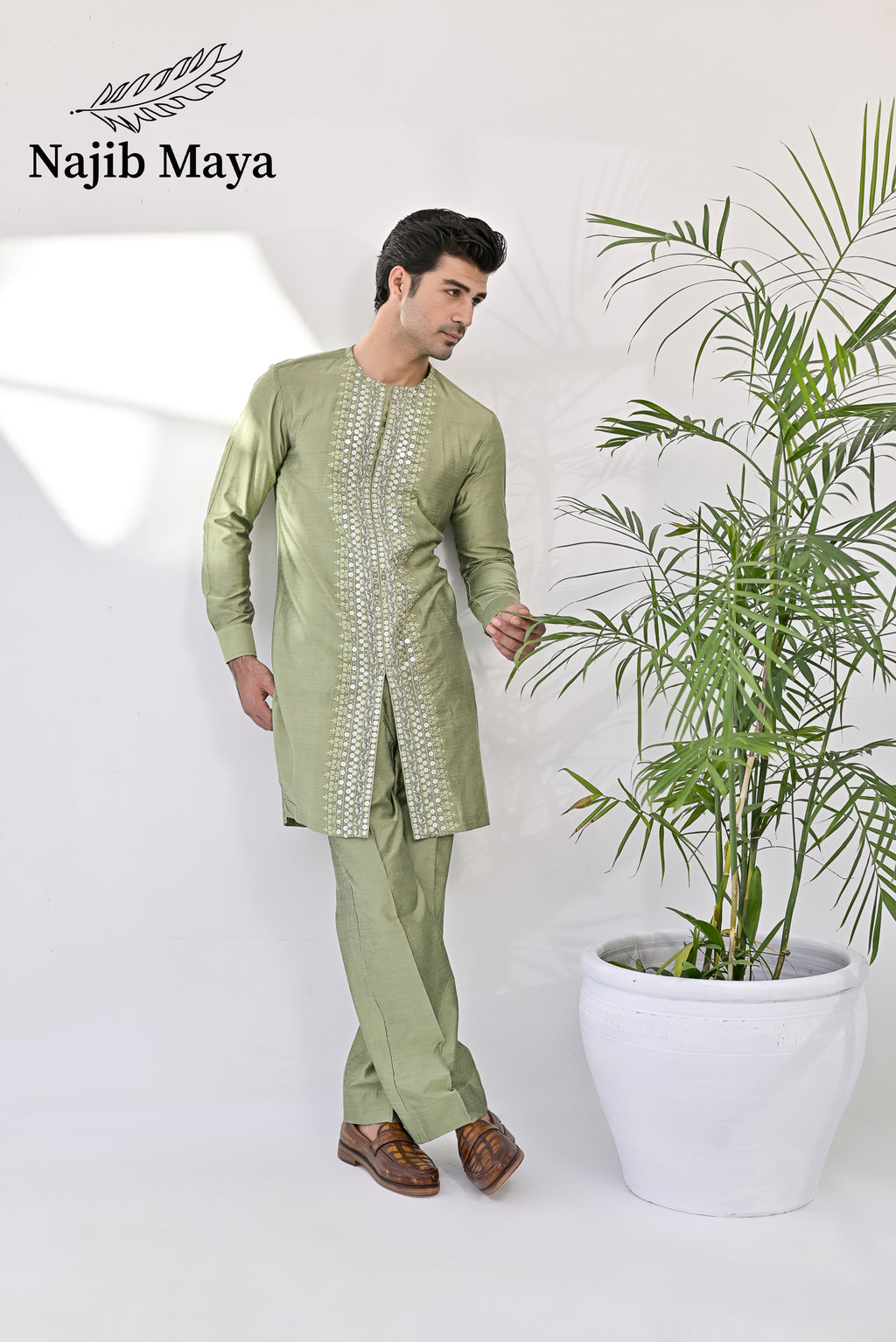 Pista Green Embroidered Kurta with Bell Bottom pajama For Men's