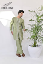 Pista Green Embroidered Kurta with Bell Bottom pajama For Men's