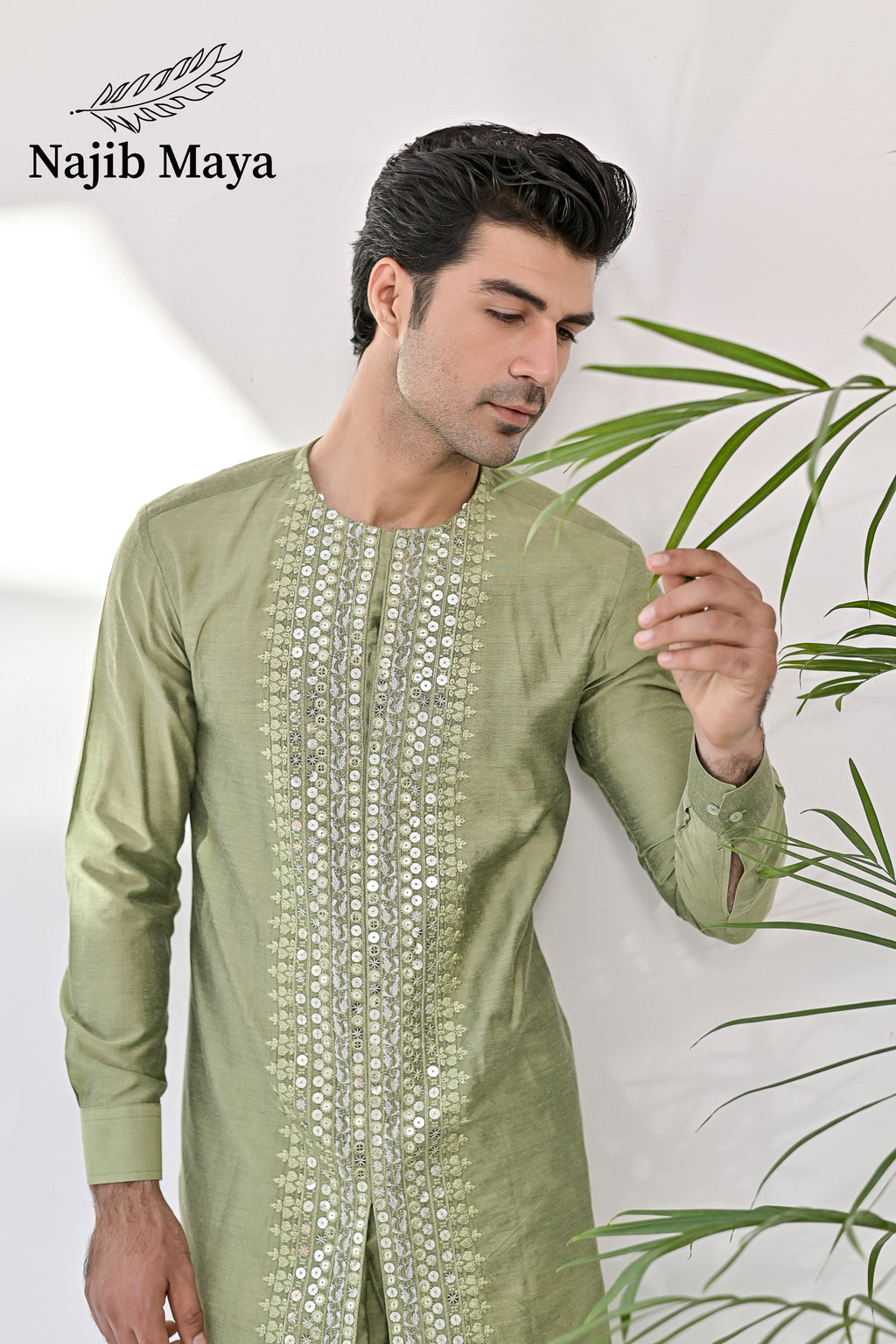 Pista Green Embroidered Kurta with Bell Bottom pajama For Men's