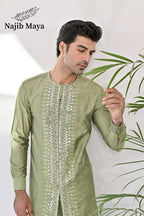 Pista Green Embroidered Kurta with Bell Bottom pajama For Men's