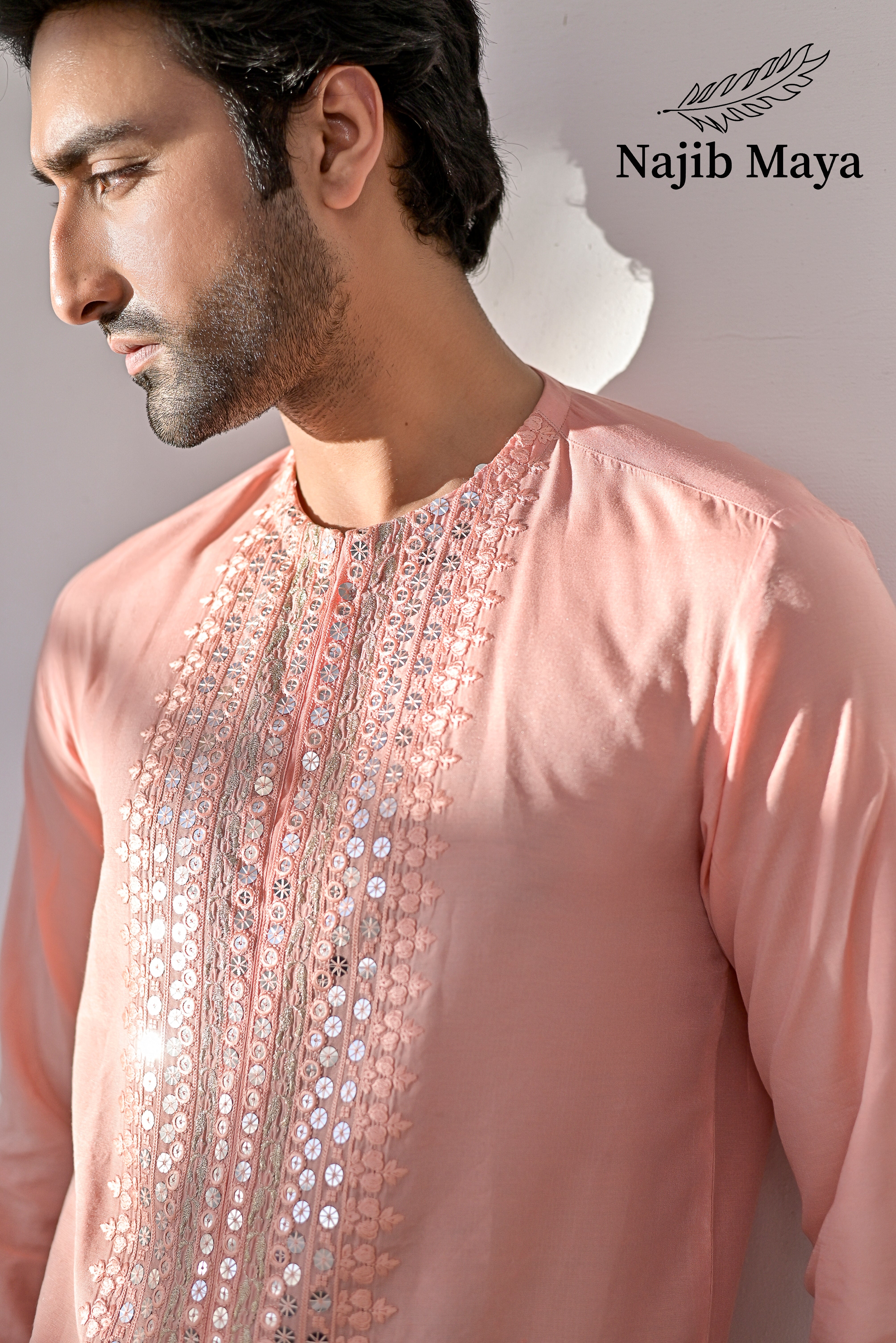 Peach Pink Embroidered Kurta with Bell Bottom pajama For Men's Secondary image