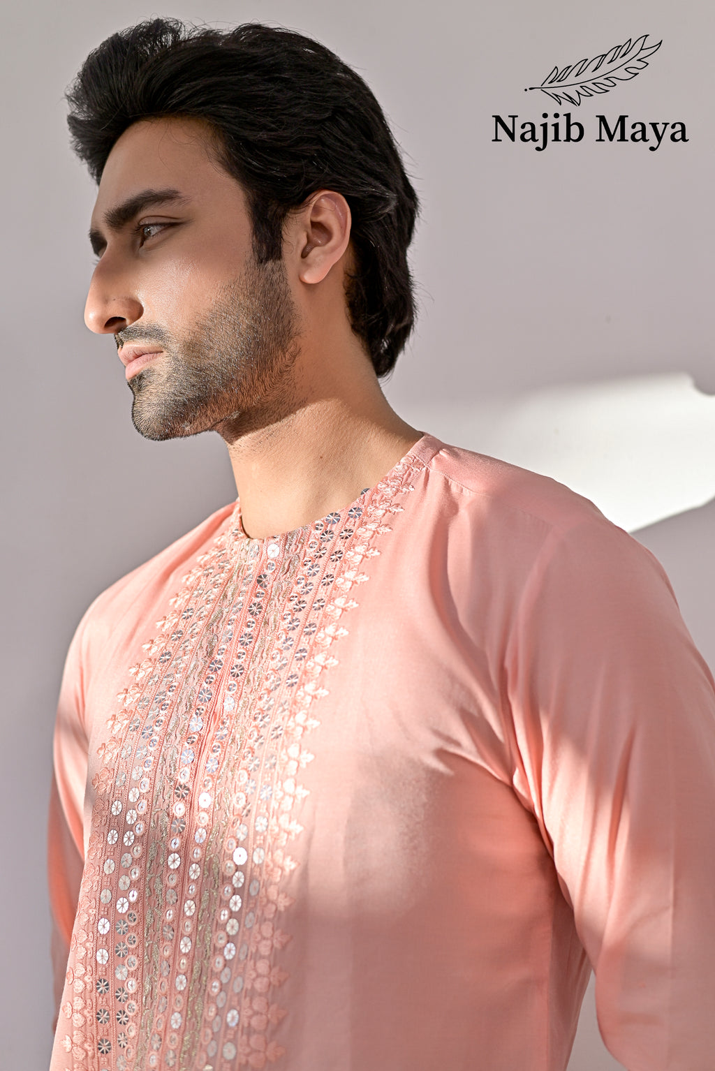 Peach Pink Embroidered Kurta with Bell Bottom pajama For Men's