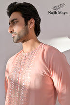 Peach Pink Embroidered Kurta with Bell Bottom pajama For Men's