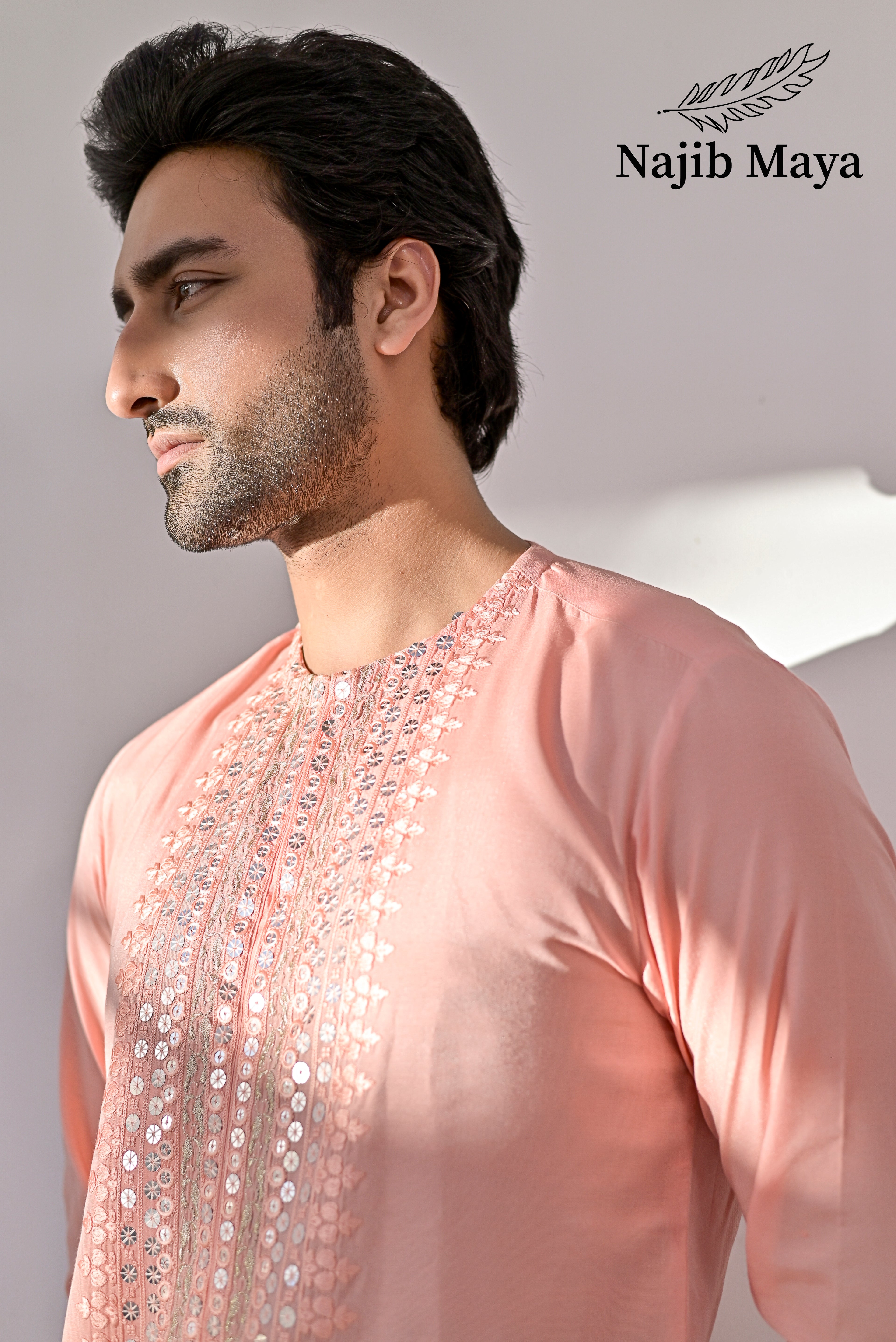 Peach Pink Embroidered Kurta with Bell Bottom pajama For Men's