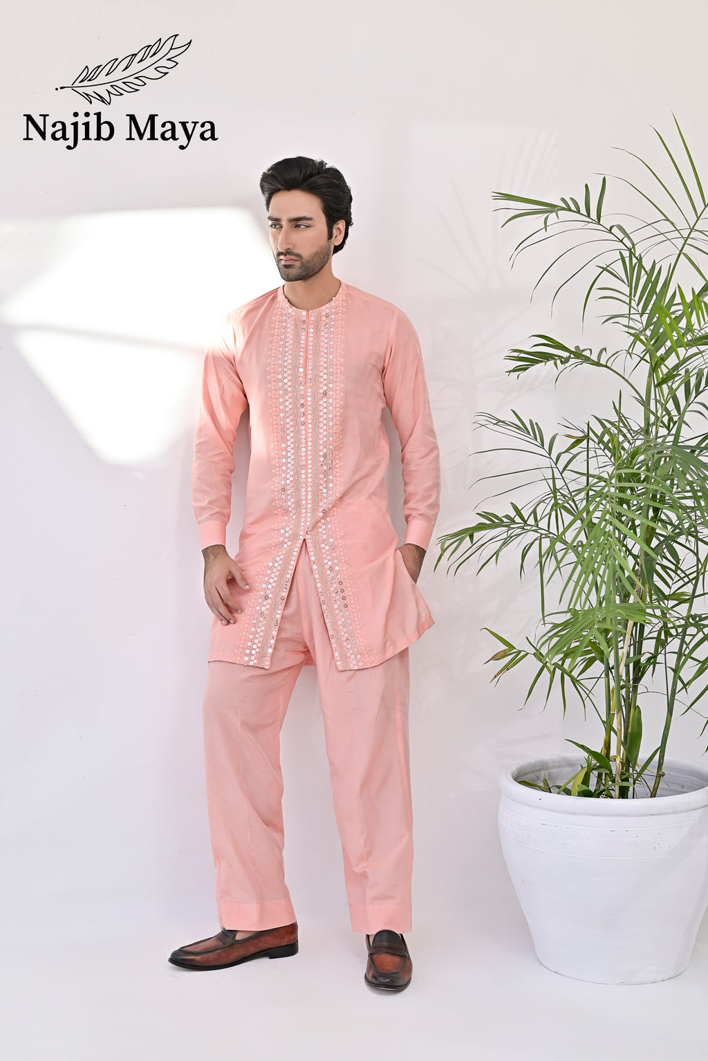 Peach Pink Embroidered Kurta with Bell Bottom pajama For Men's