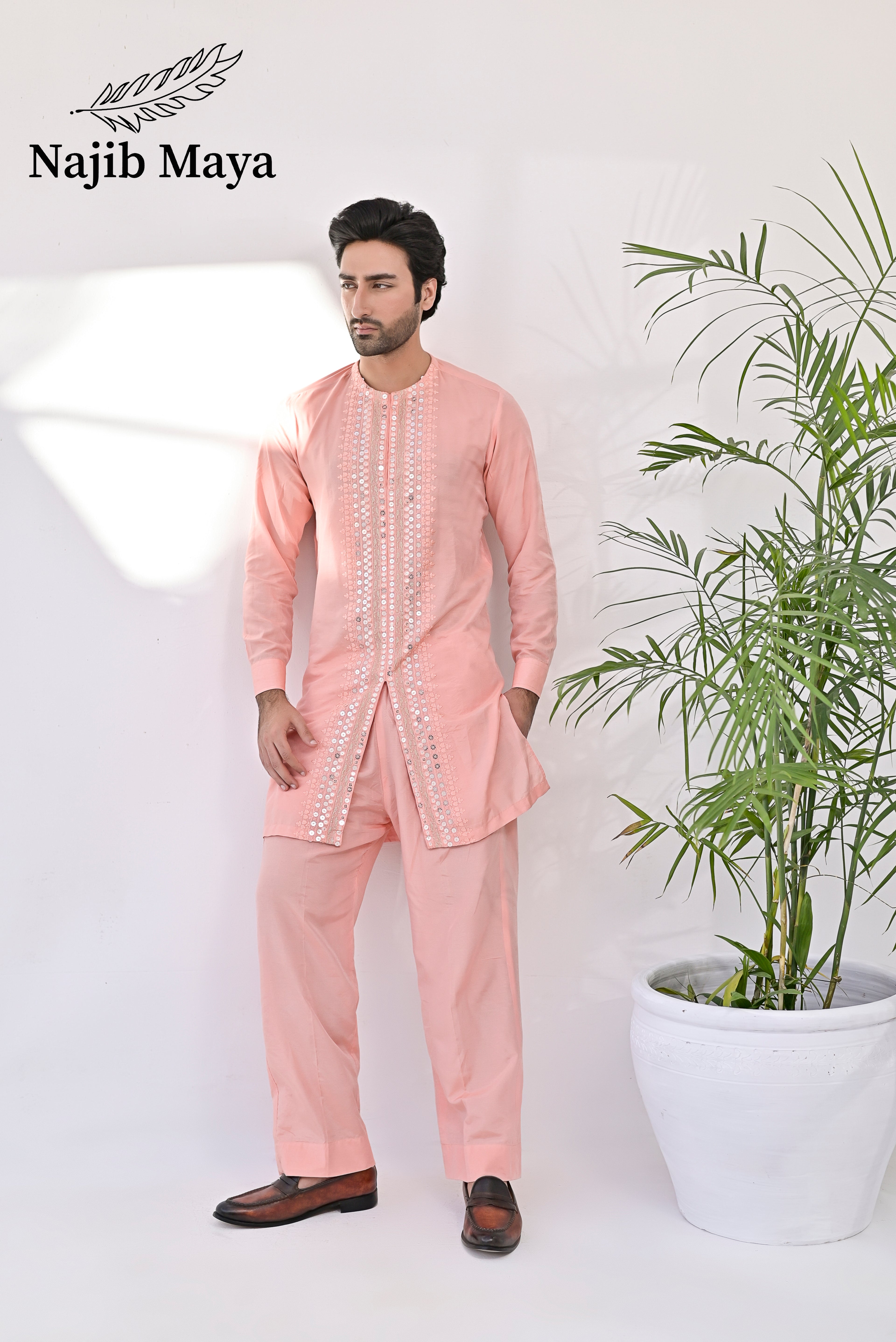 Peach Pink Embroidered Kurta with Bell Bottom pajama For Men's
