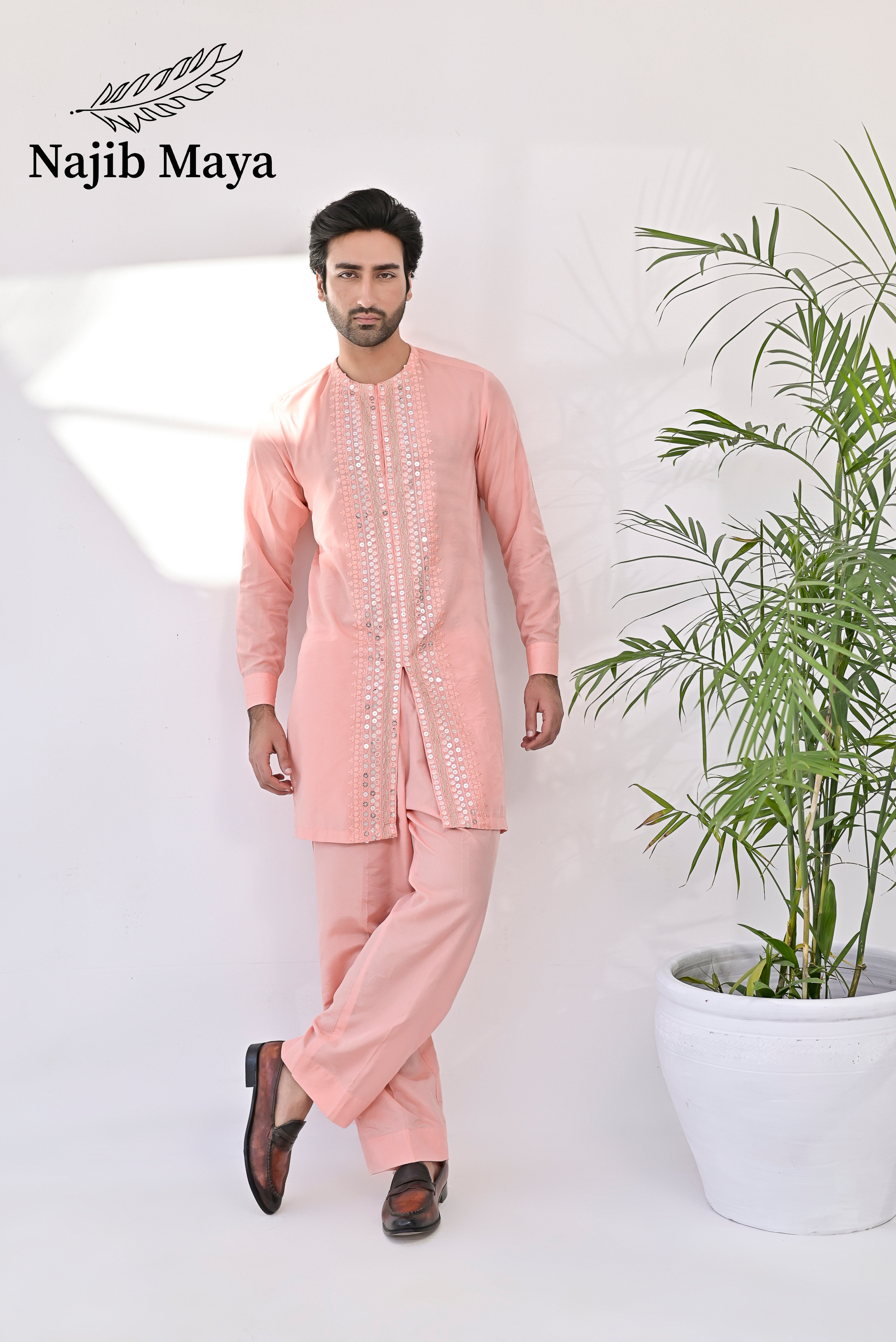 Peach Pink Embroidered Kurta with Bell Bottom pajama For Men's Main image