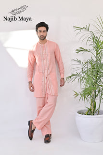 Peach Pink Embroidered Kurta with Bell Bottom pajama For Men's