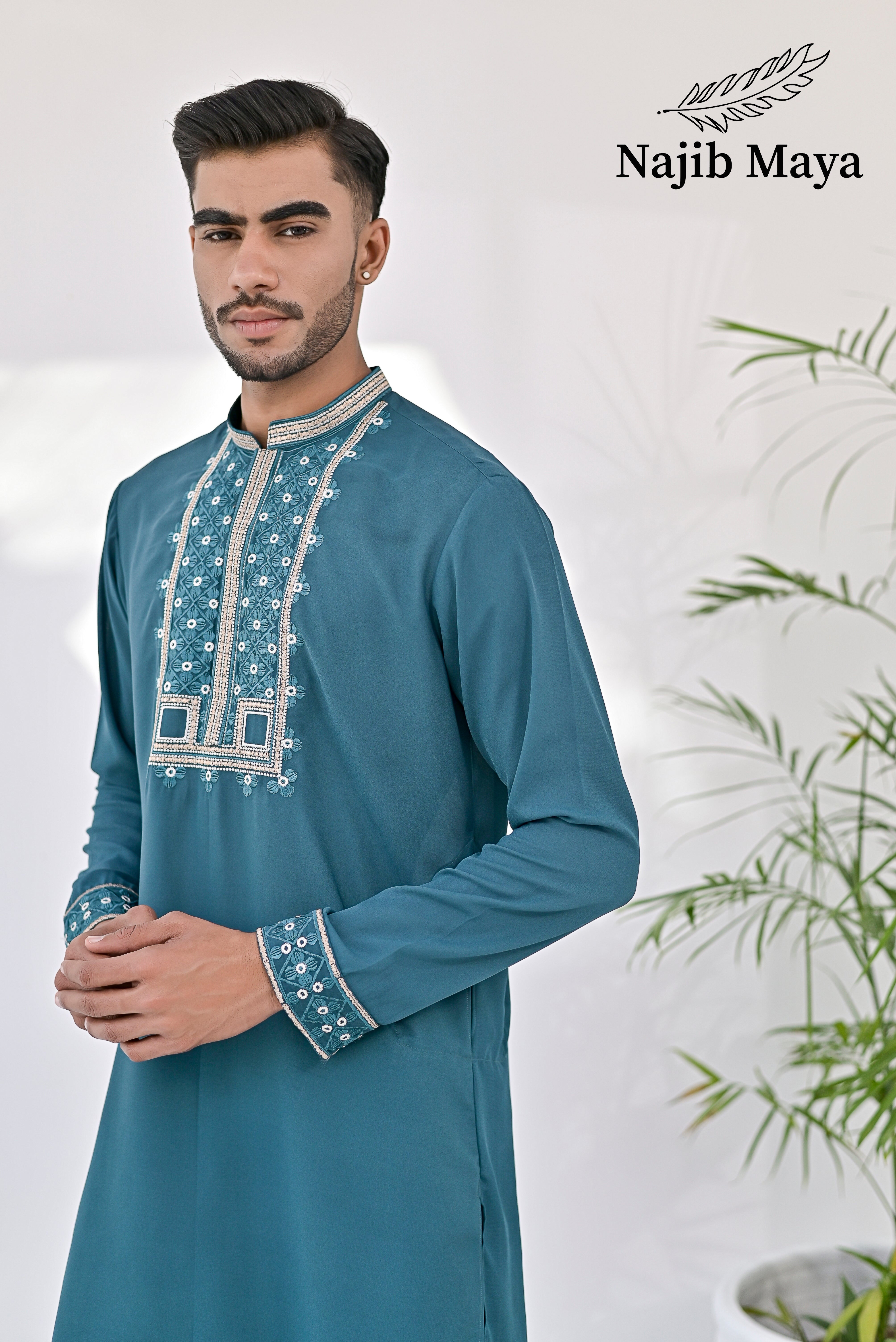 Sea Green Neck & Sleeves Embroidered Kurta Pajama For Men's Secondary image