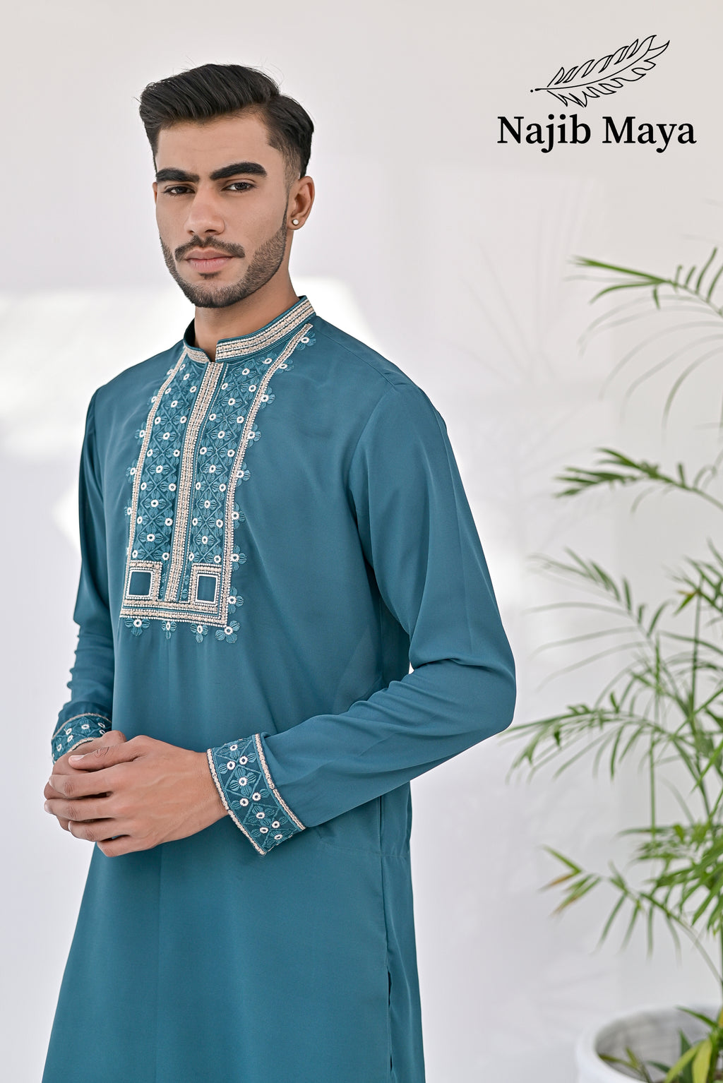 Sea Green Neck & Sleeves Embroidered Kurta Pajama For Men's