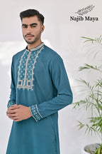 Sea Green Neck & Sleeves Embroidered Kurta Pajama For Men's