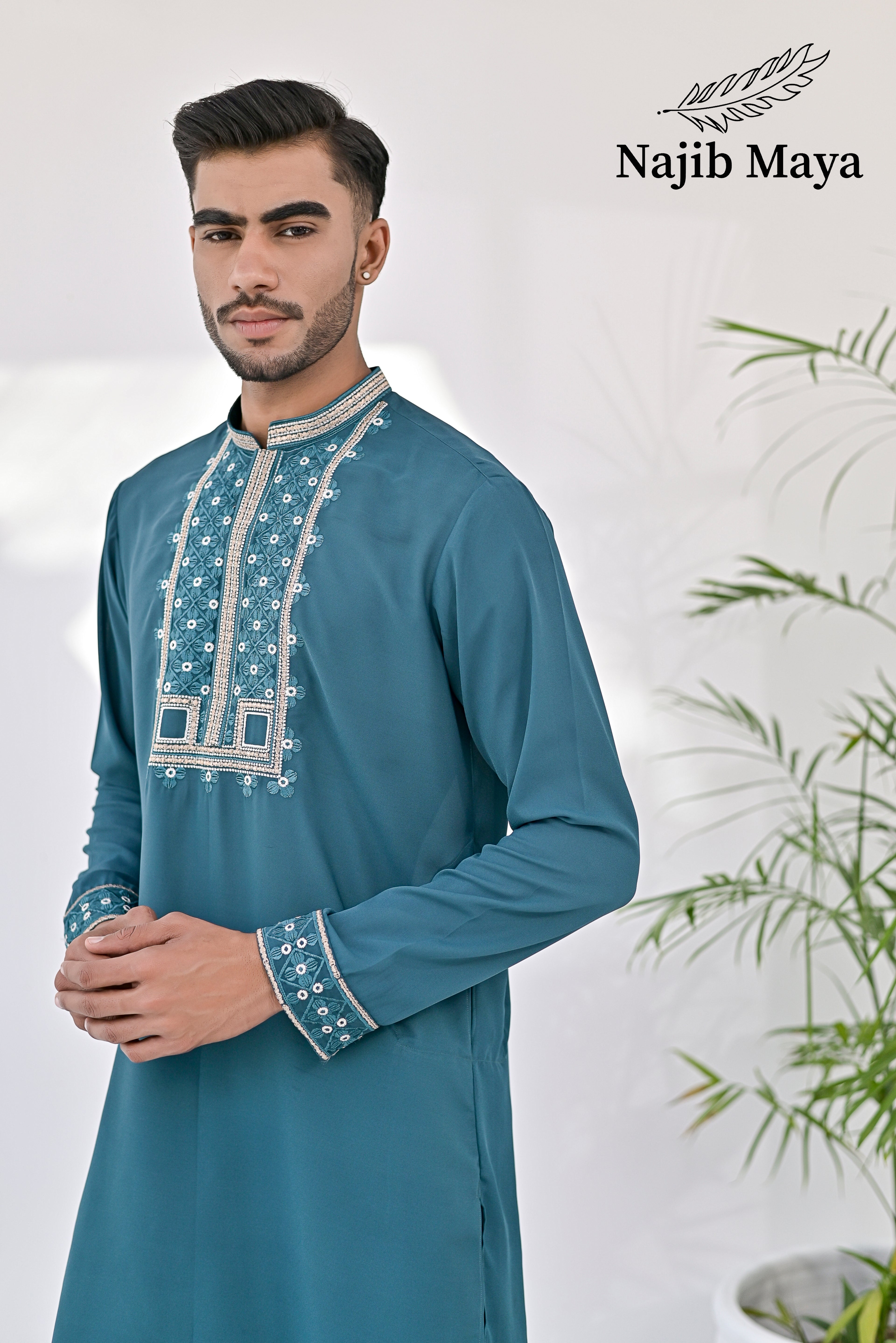Sea Green Neck & Sleeves Embroidered Kurta Pajama For Men's