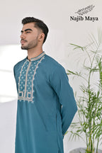 Sea Green Neck & Sleeves Embroidered Kurta Pajama For Men's