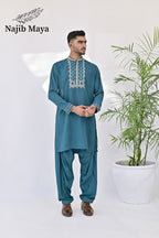 Sea Green Neck & Sleeves Embroidered Kurta Pajama For Men's
