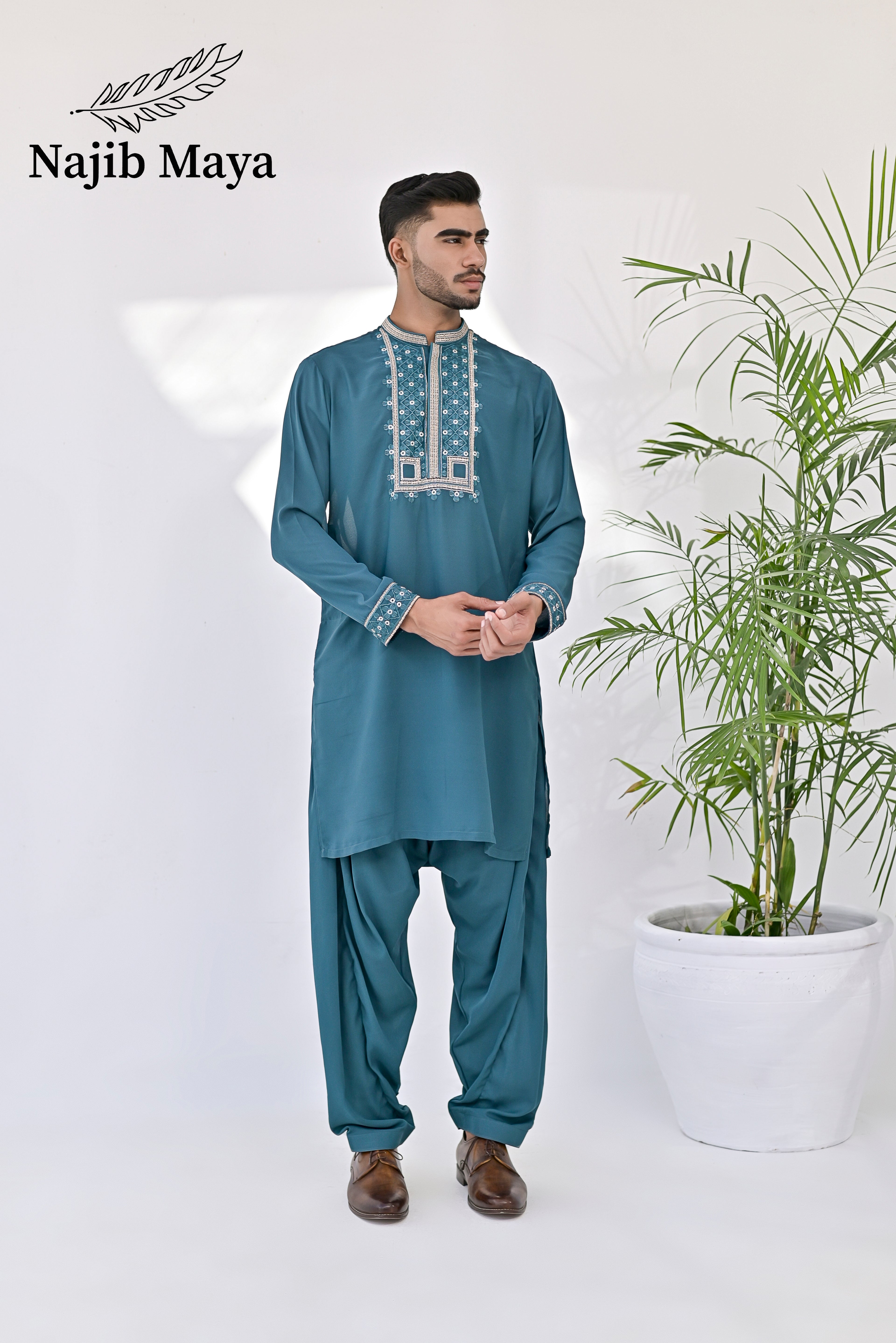Sea Green Neck & Sleeves Embroidered Kurta Pajama For Men's