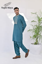 Sea Green Neck & Sleeves Embroidered Kurta Pajama For Men's