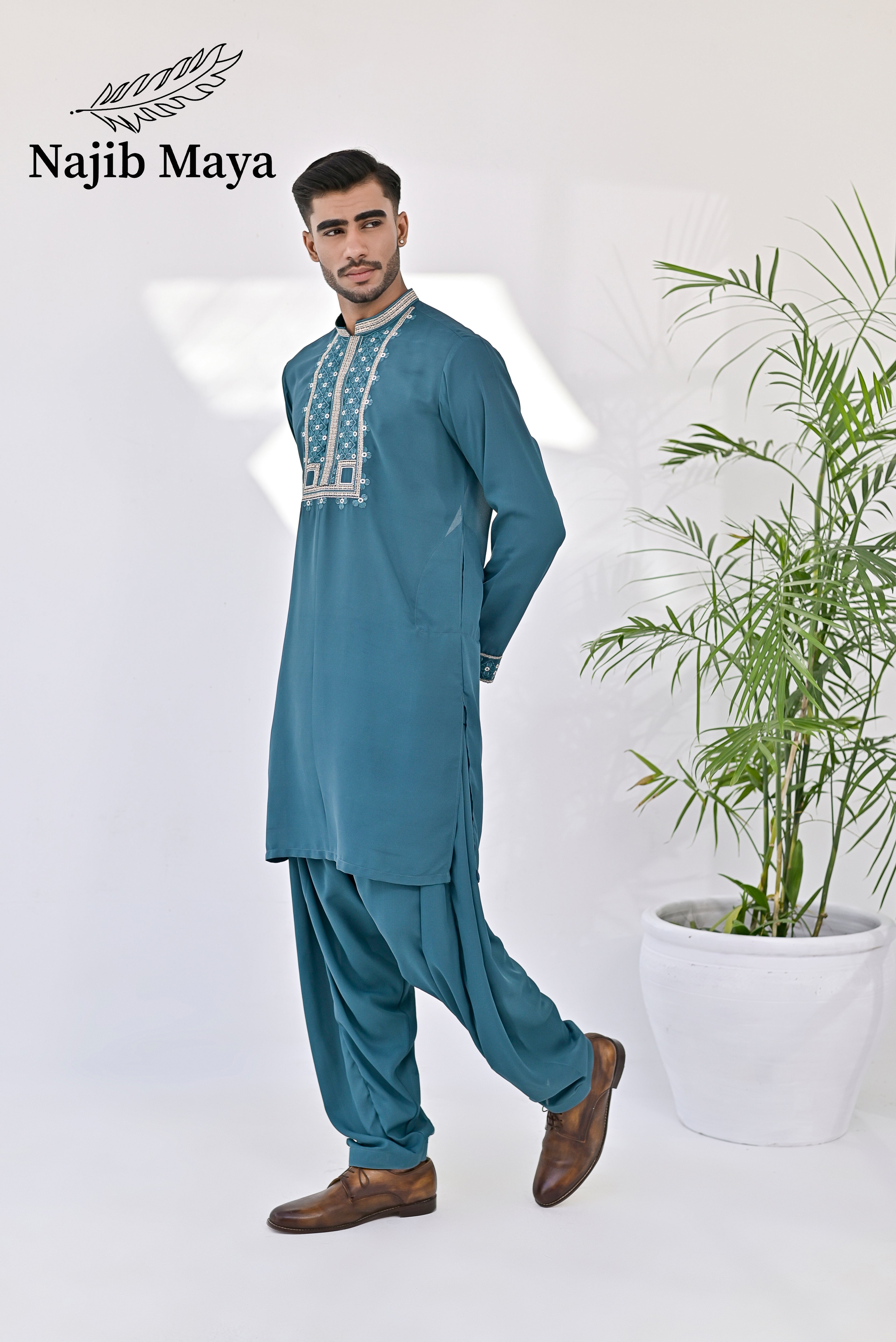 Sea Green Neck & Sleeves Embroidered Kurta Pajama For Men's