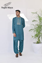 Sea Green Neck & Sleeves Embroidered Kurta Pajama For Men's