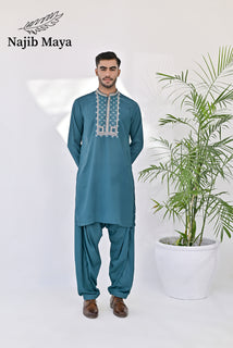 Sea Green Neck & Sleeves Embroidered Kurta Pajama For Men's