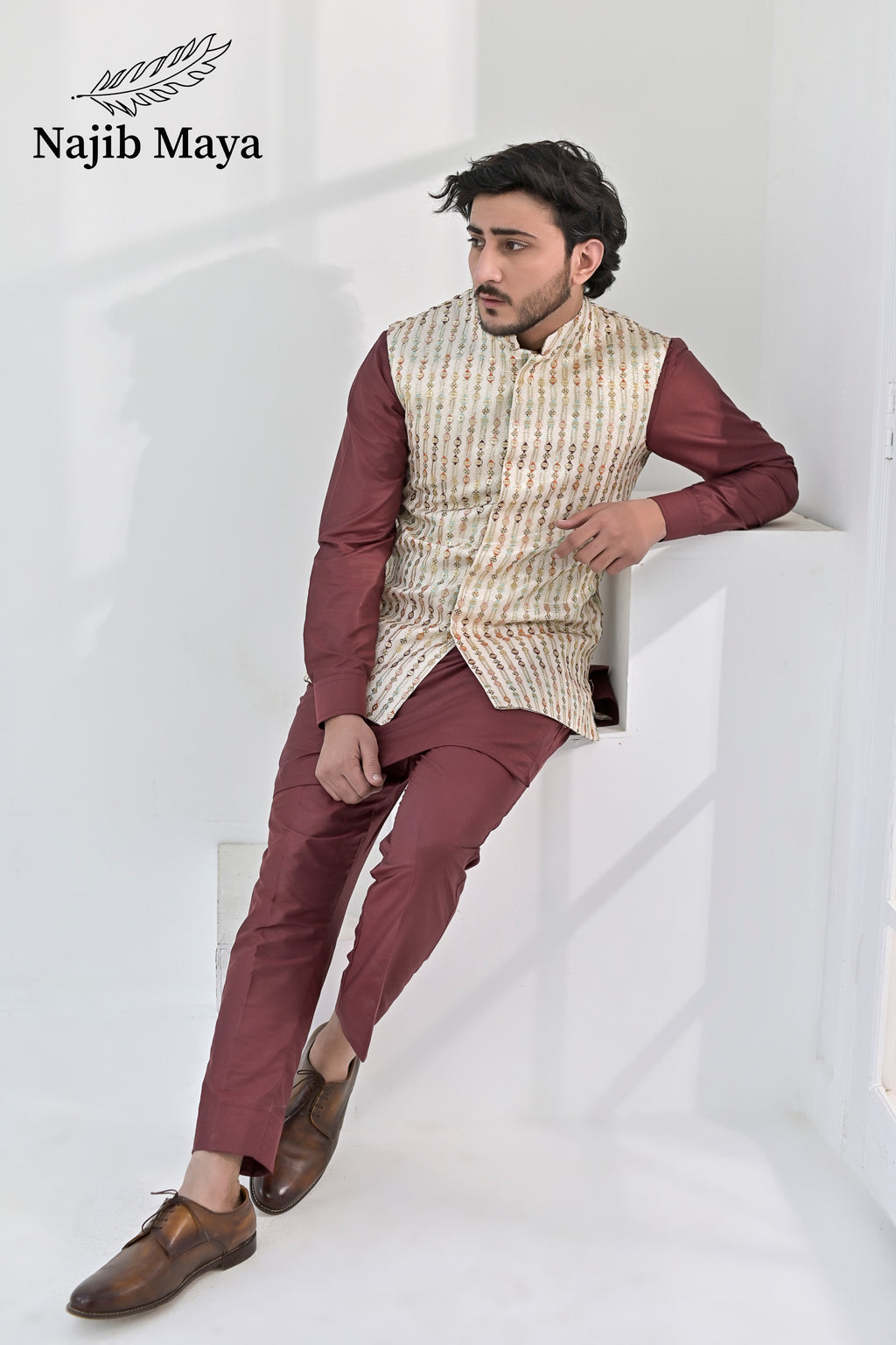 Cream Multi Embroidery Waist Coat & Maroon Kurta Pajama For Men's