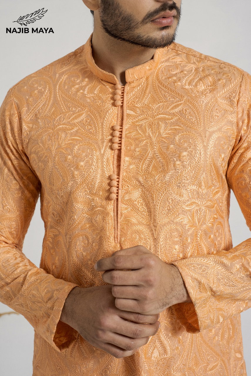 Peach Embroidered Kurta Pajama For Men's