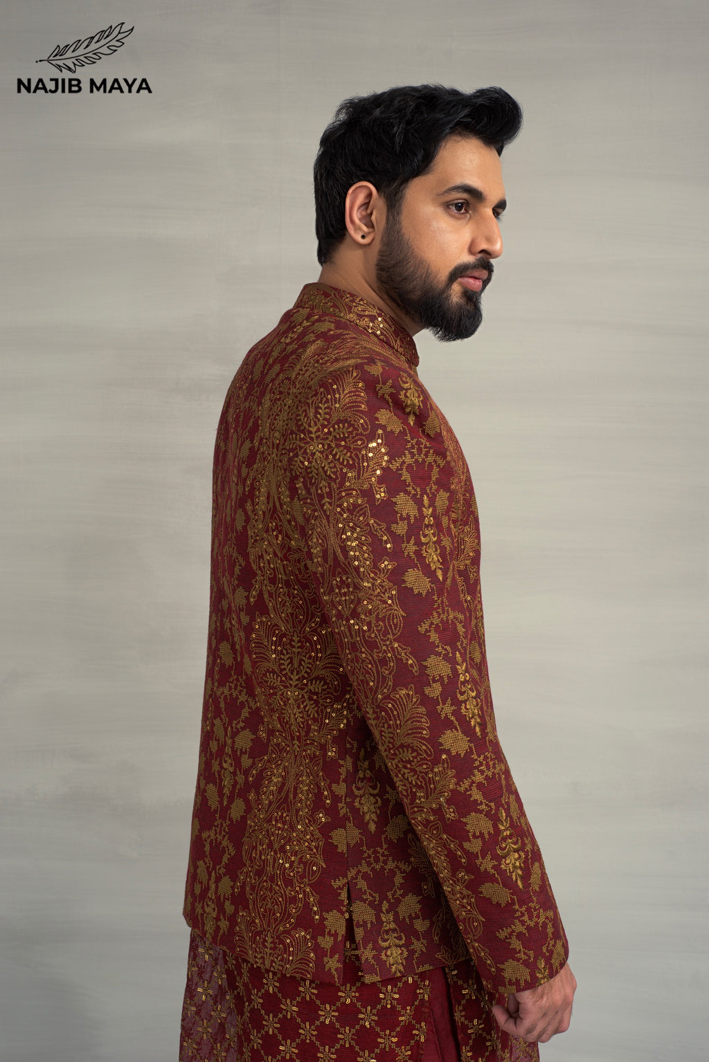 Maroon Golden Embroidery Prince Coat + Maroon Golden Sequence Kurta Pajama For Men's