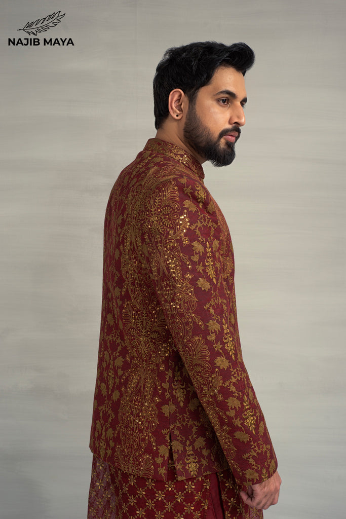 Maroon Golden Embroidery Prince Coat + Maroon Golden Sequence Kurta Pajama For Men's