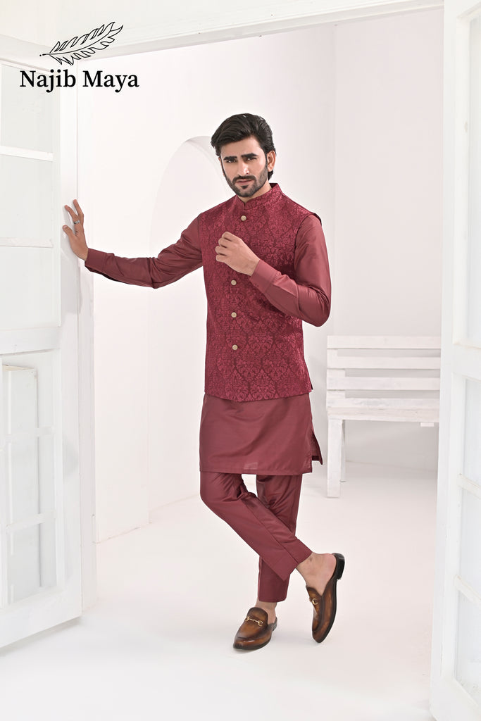 Maroon Embroidery Waist Coat & Maroon Kurta Pajama For Men's