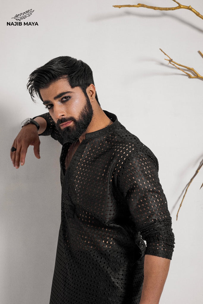 Black Elegant Net Style Kurta With Dhaka Pajama For Men's