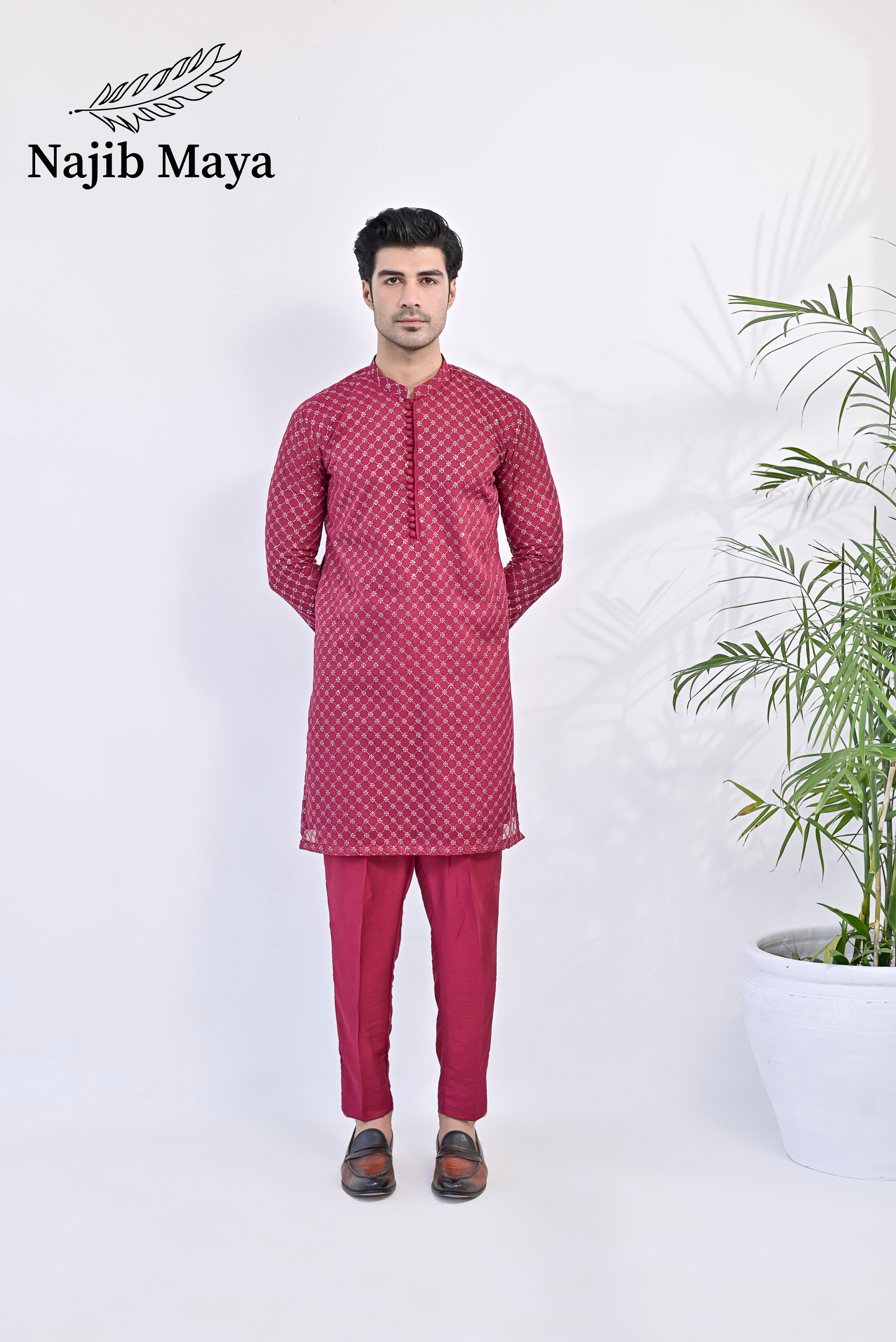 Shocking Pink Embroidered Kurta pajama For Men's Main image