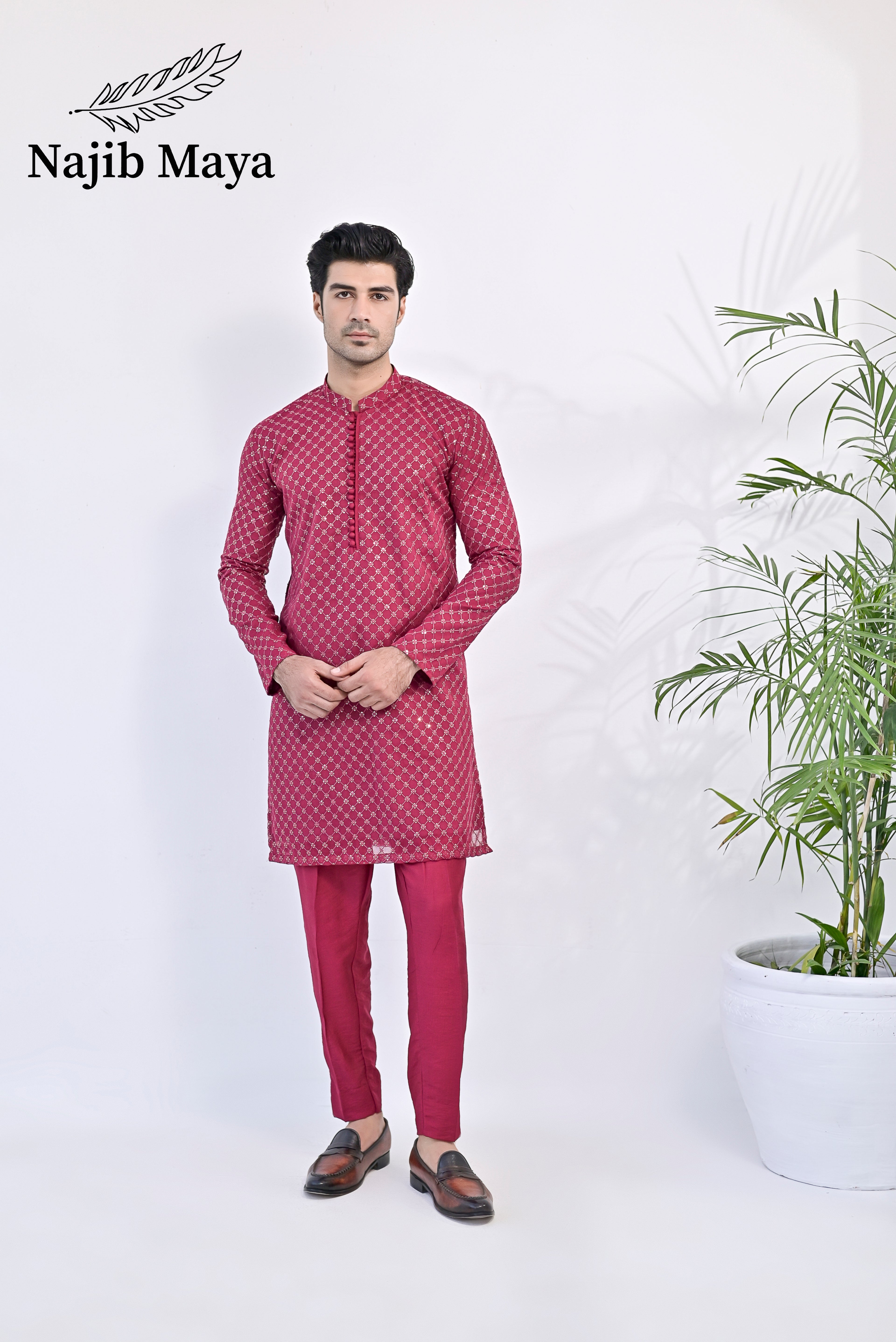 Shocking Pink Embroidered Kurta pajama For Men's