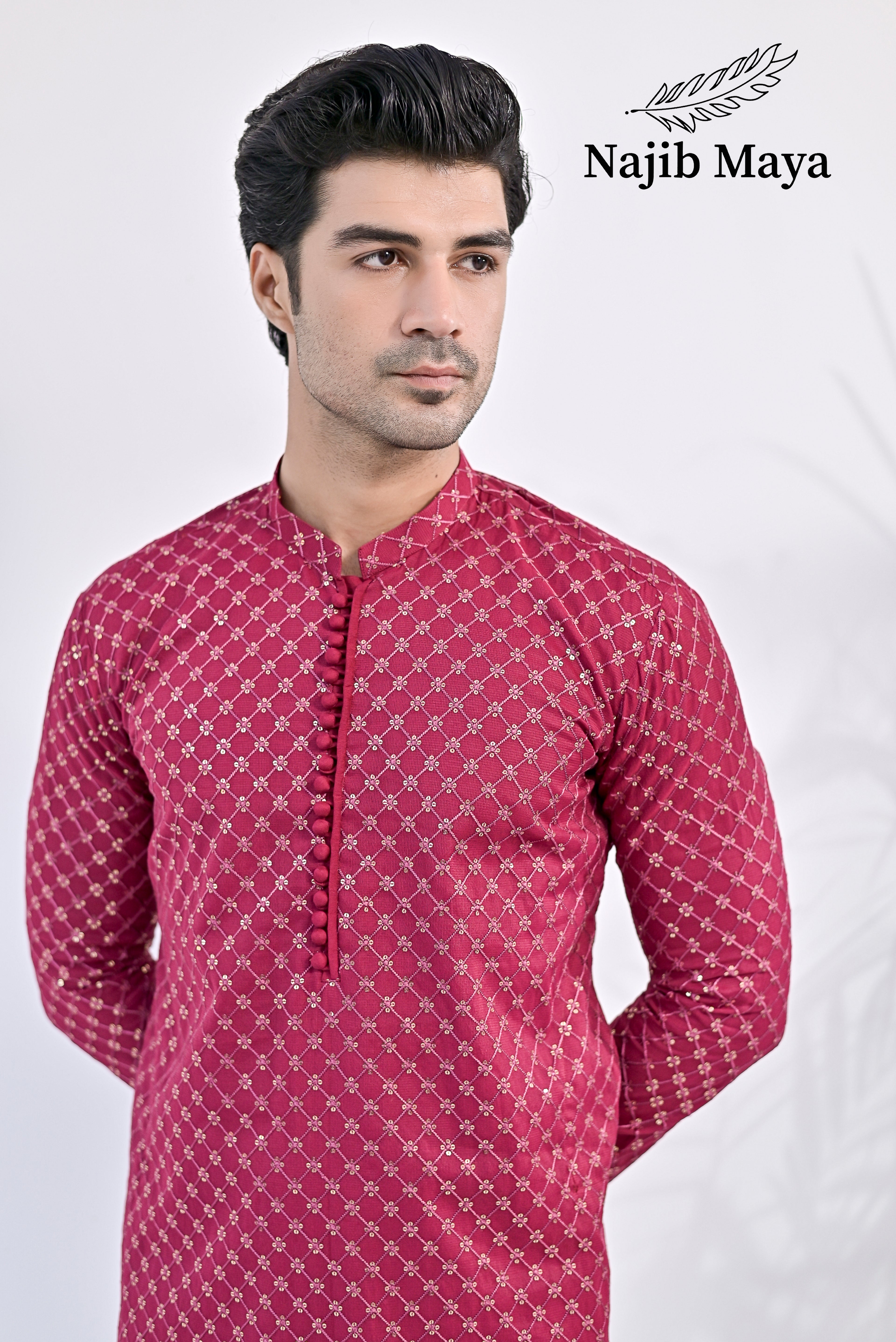 Shocking Pink Embroidered Kurta pajama For Men's
