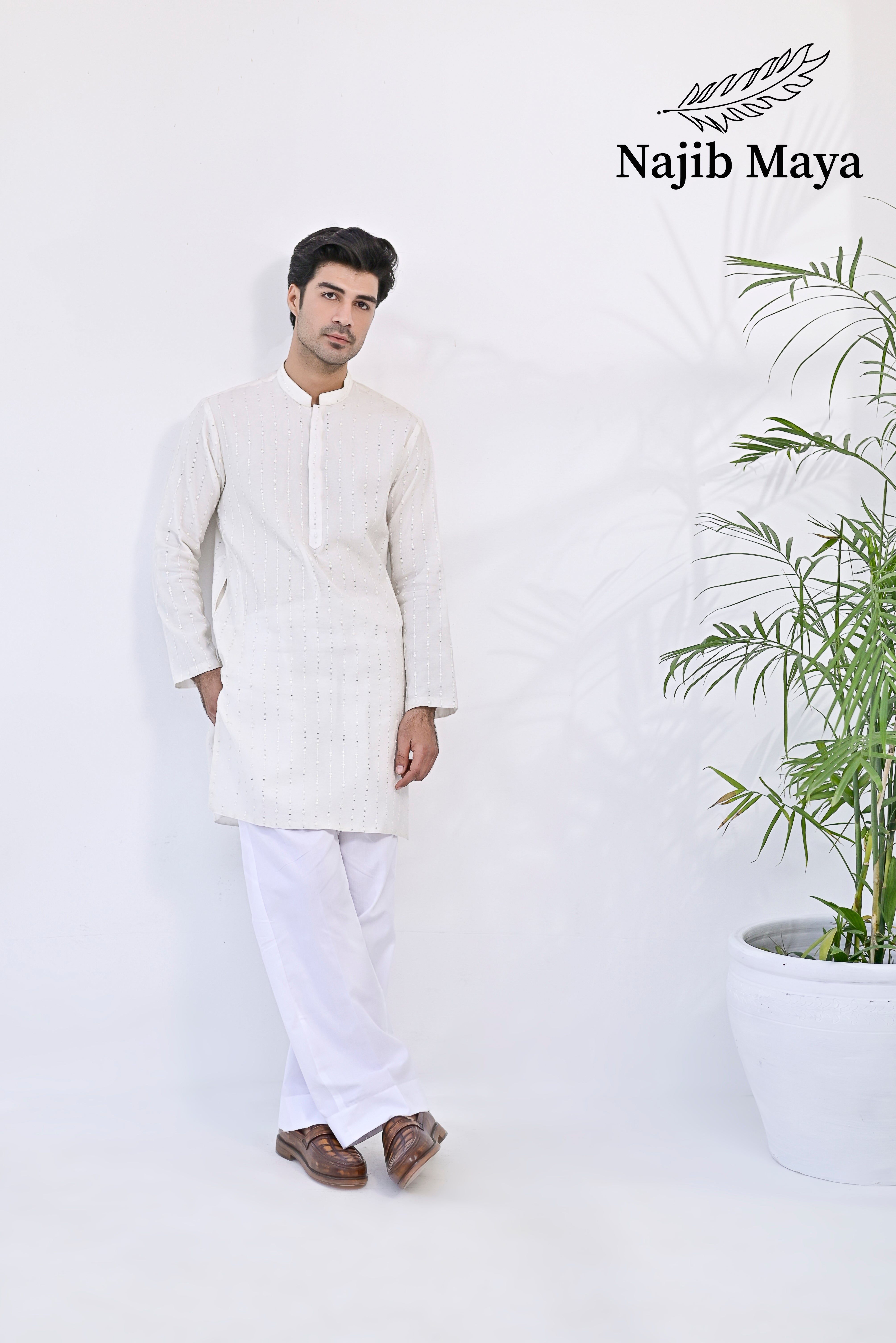 White Embroidery Kurta pajama For Men's Main image