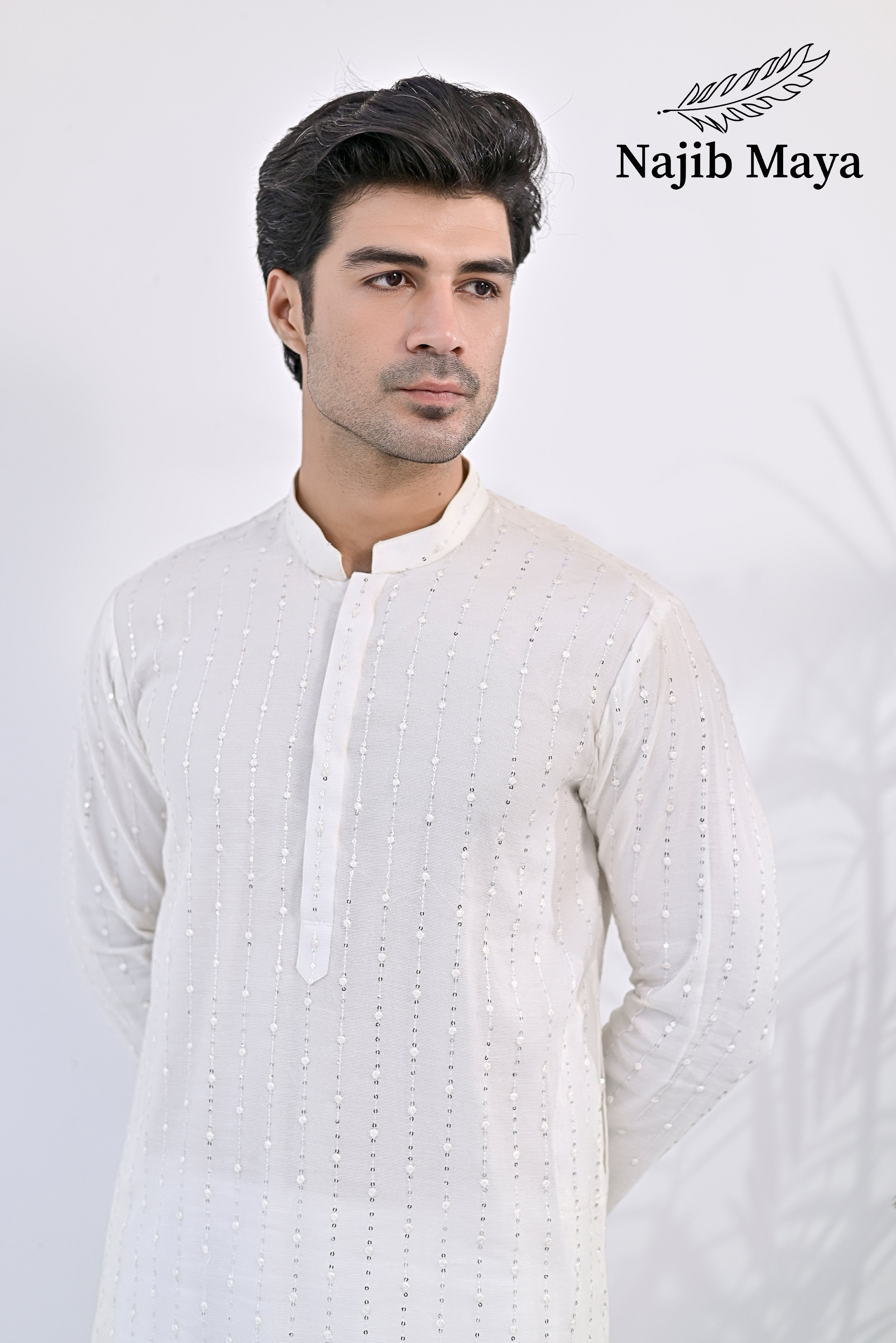 White Embroidery Kurta pajama For Men's Secondary image