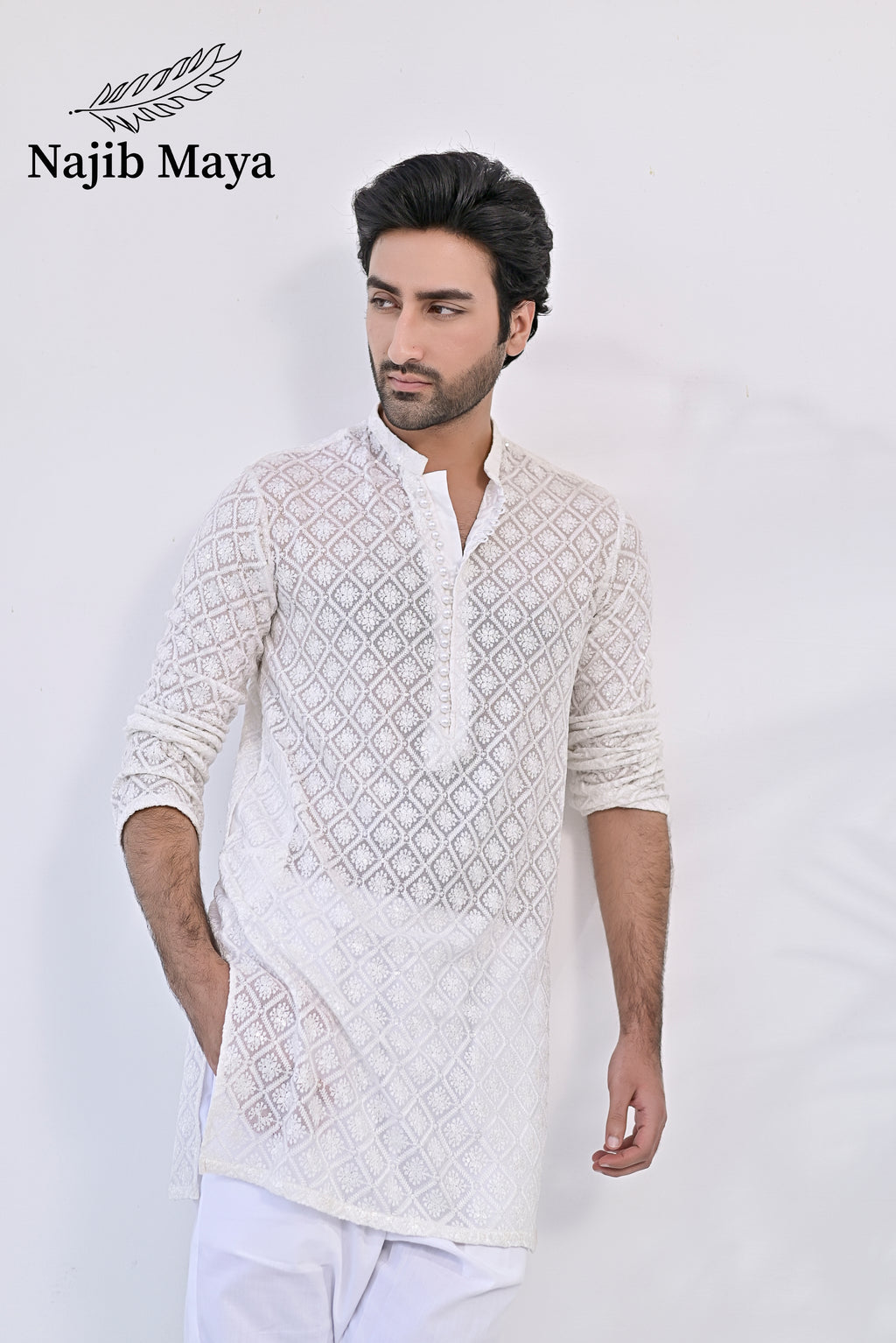 White Embroidered Kurta pajama For Men's