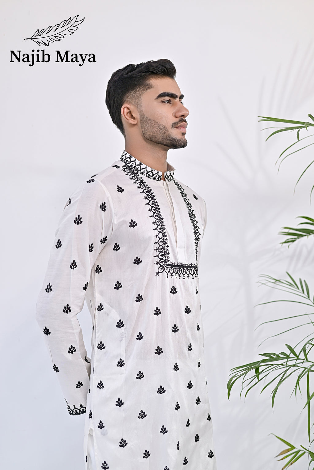 White & Black Embroidery Kurta pajama For Men's