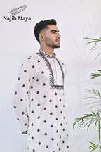 White & Black Embroidery Kurta pajama For Men's