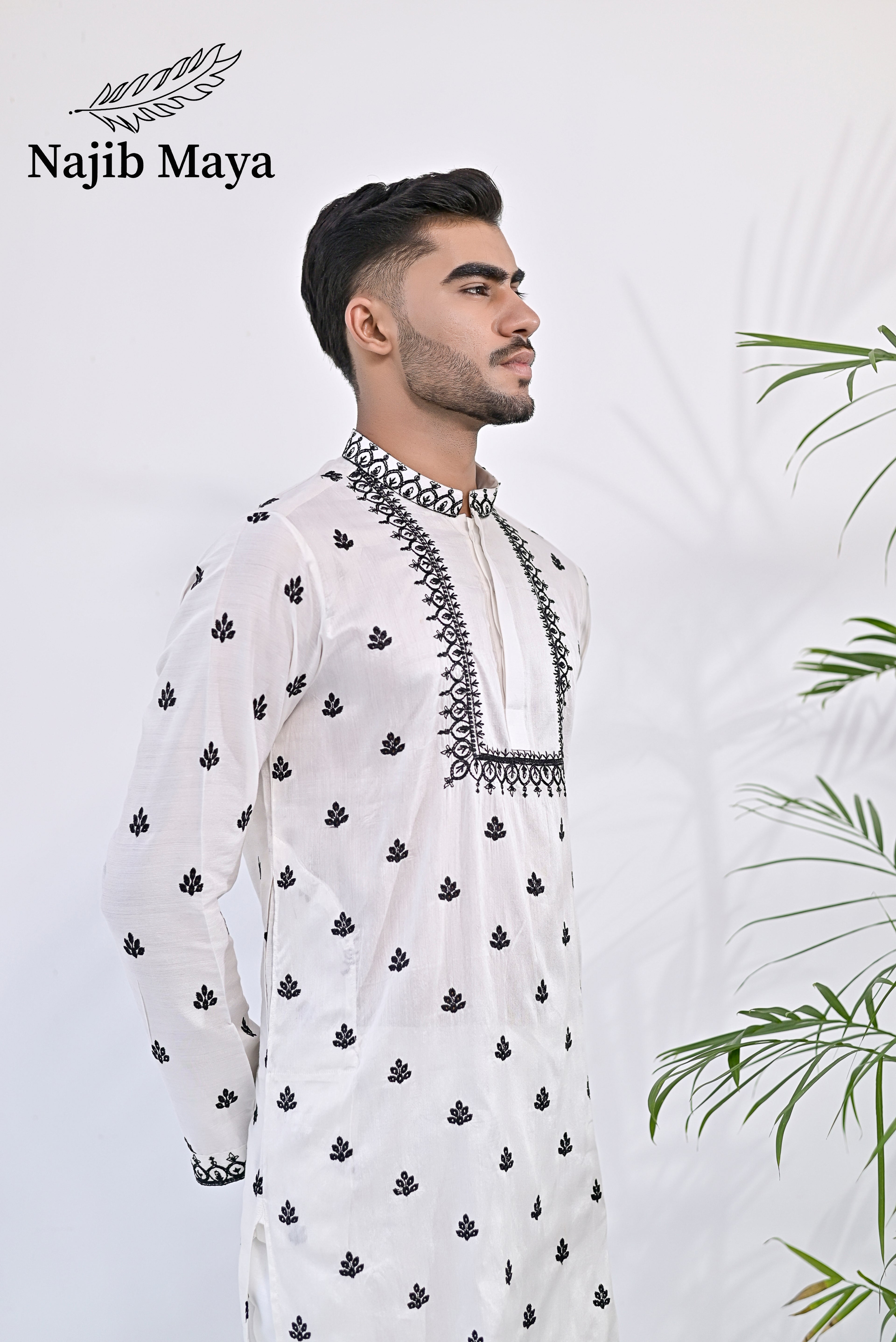 White & Black Embroidery Kurta pajama For Men's